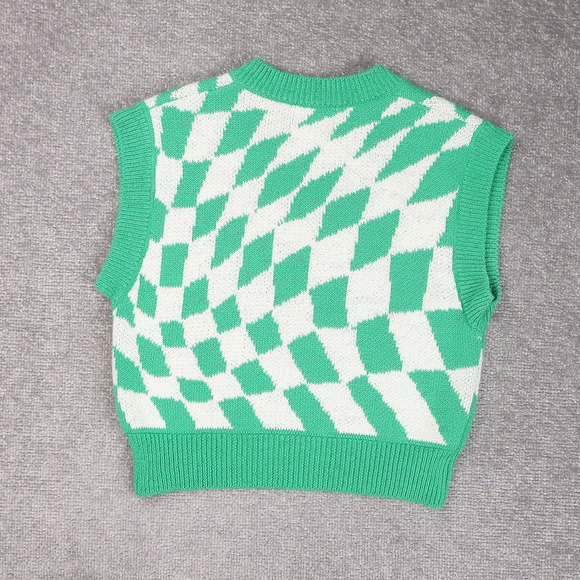 Womens Lisa Says Gah! XS/Small Green White Checkered Sleeveless Sweater Vest - Picture 2 of 8